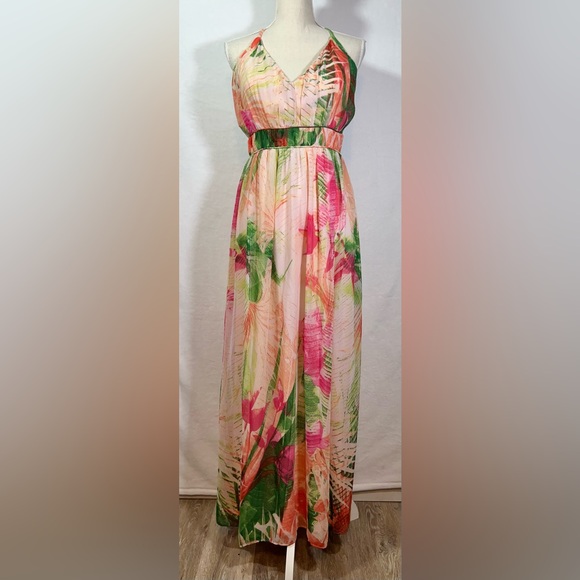 VENUS Tropical Maxi Dress Women’s Size 6 Empire Waist Pink and Green Floral - Picture 8 of 8